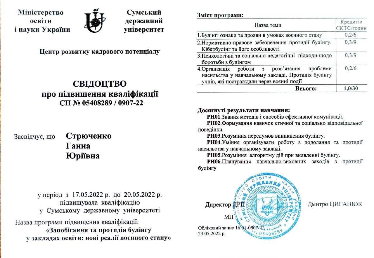 Свідоцтво про підвищення кваліфікації з теми протидії булінгу в умовах воєнного стану