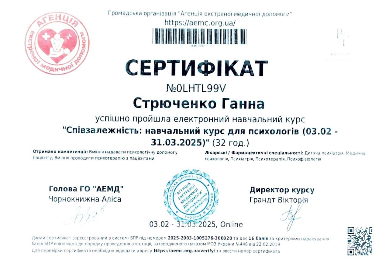Сертифікат з курсу про співзалежність