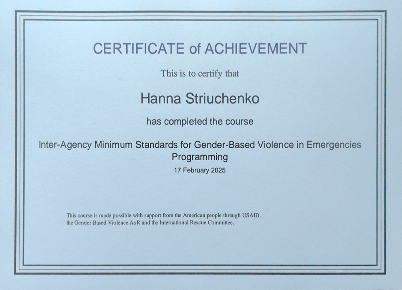 Certificate of achievement on gender-based violence in emergencies programming